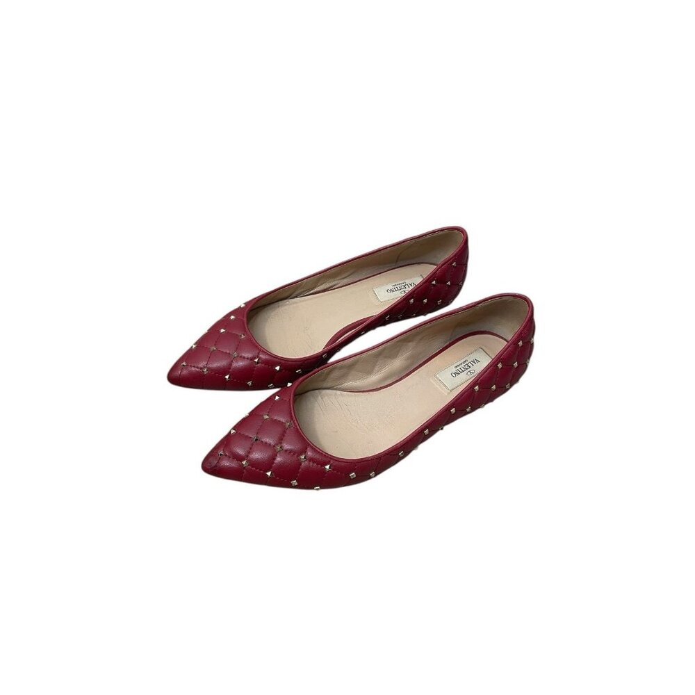 Valentino Red Quilted Leather Rockstud Spike Pointed Toe Ballet Flats Si…